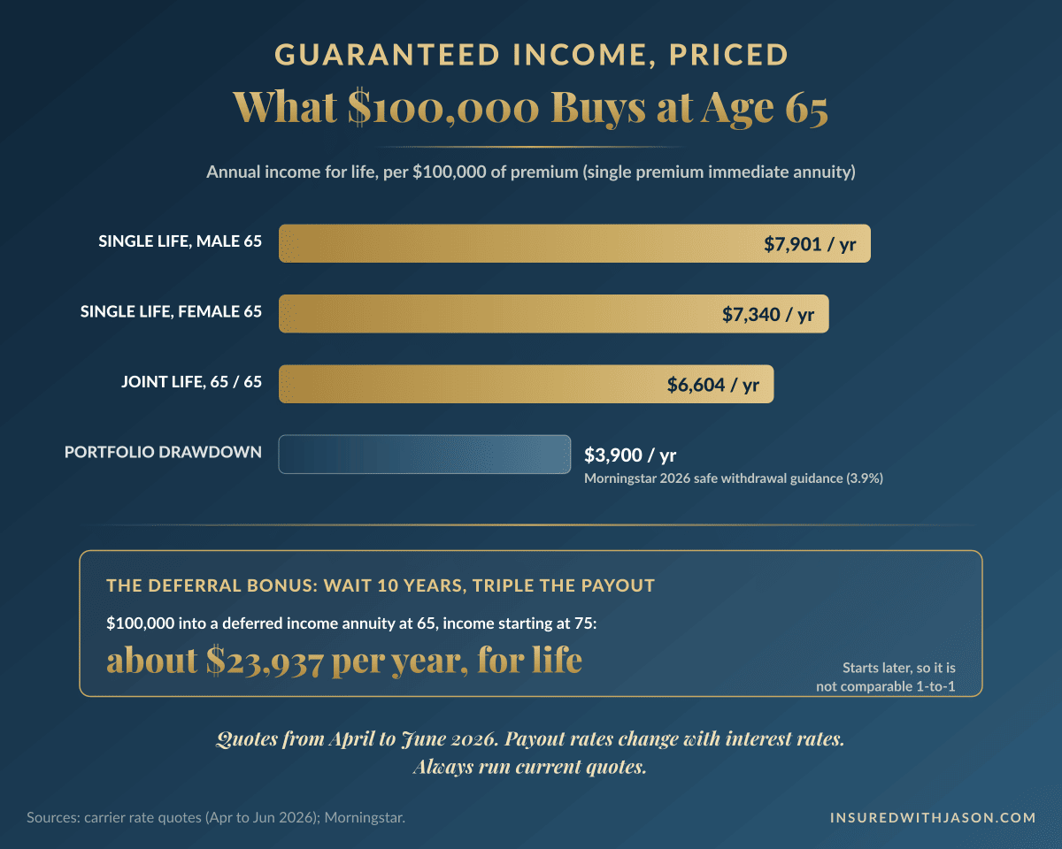 Annuity income per 100k at age 65 comparison — Insured With Jason