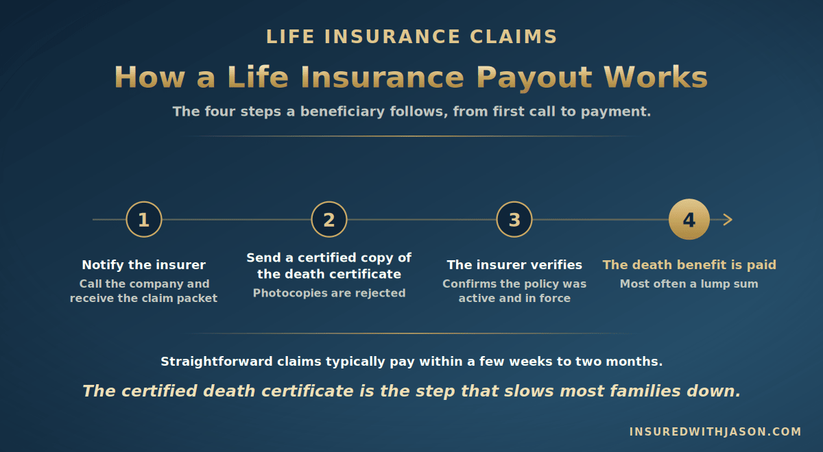 Four-step timeline of how a life insurance payout works, from filing the claim with a certified death certificate to receiving the death benefit &mdash; Insured With Jason