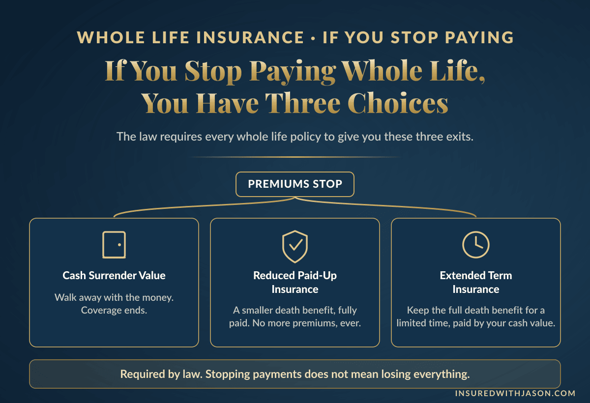 The three nonforfeiture options when you stop paying whole life insurance premiums: cash surrender, reduced paid-up insurance, or extended term insurance &mdash; Insured With Jason