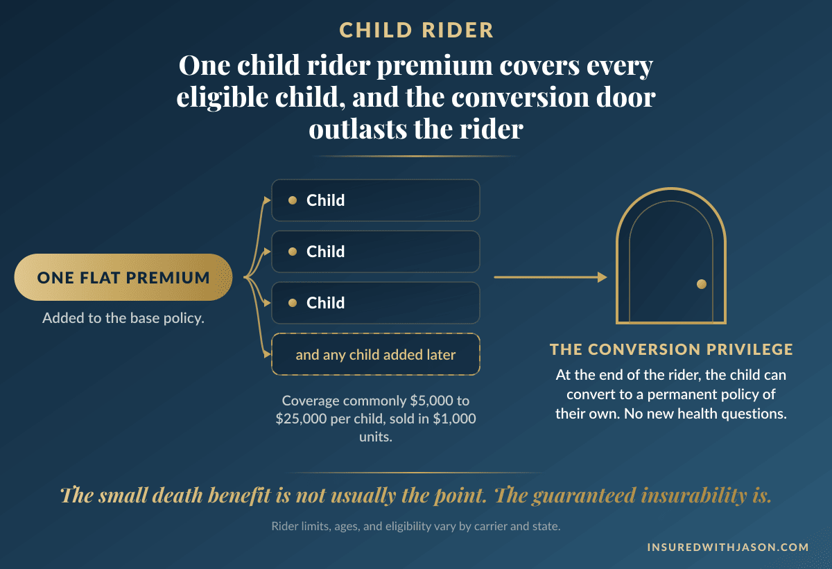 Diagram of a child rider covering all eligible children under one premium with a conversion privilege at the end — Insured With Jason